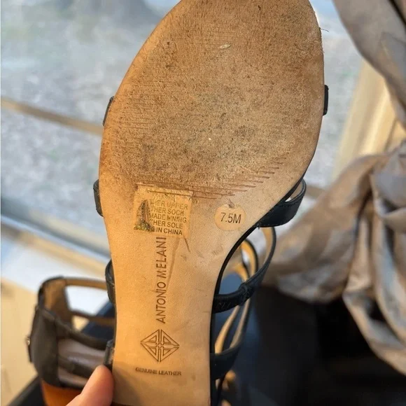 Antonio Melani Black Leather Cage Block Heel Sandals Women’s 7.5 - Picture 11 of 11